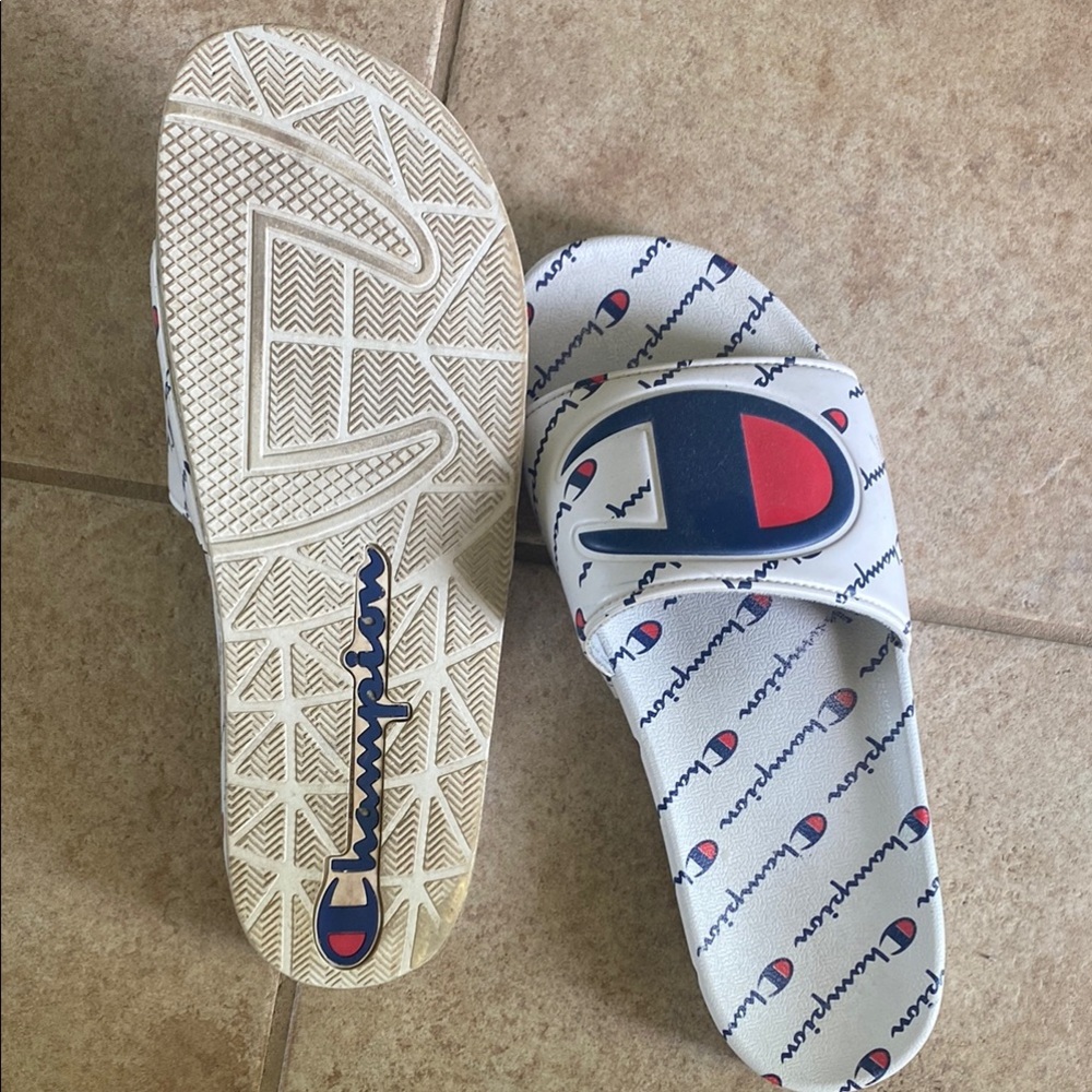 Champion White and Blue Sandals Comfortable Slide Design